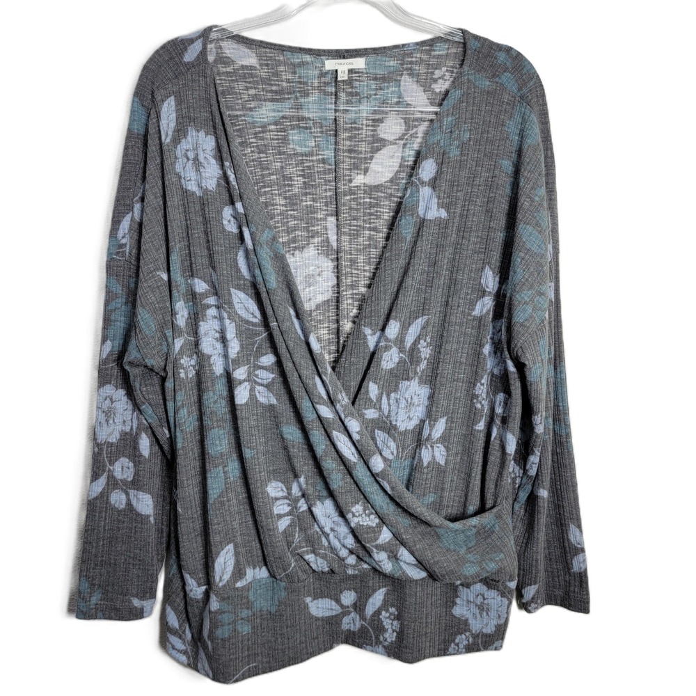 Maurices Womens 0X Gray‎ Blue Floral Ribbed Knit Surplice Wrap Front Long Sleeve